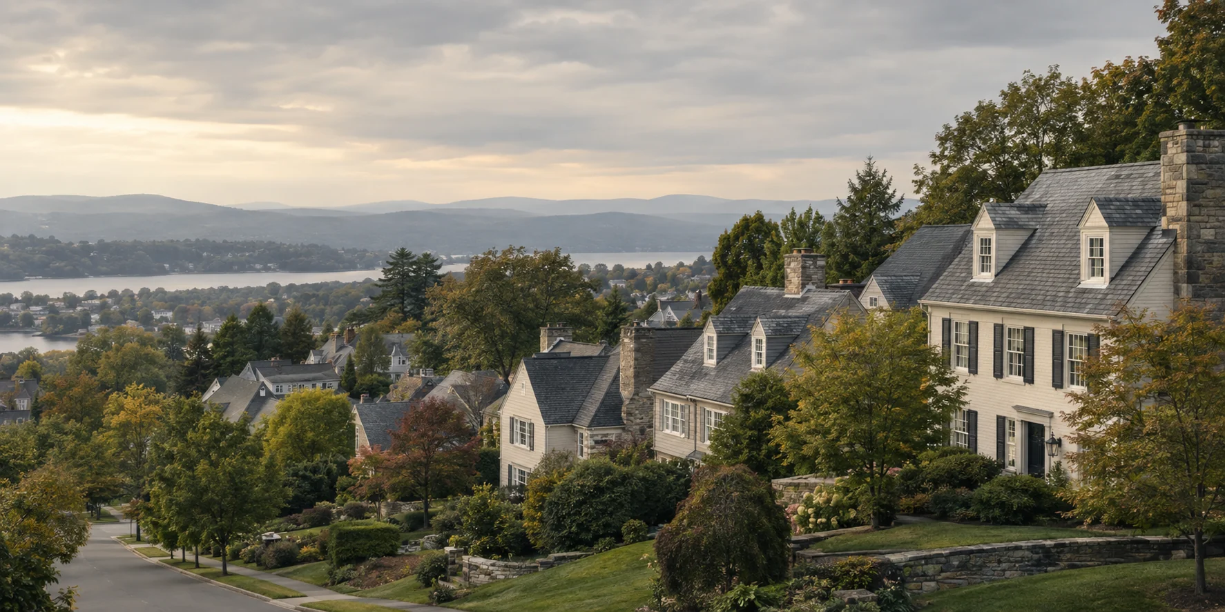 Residential homes and mature trees on a hillside